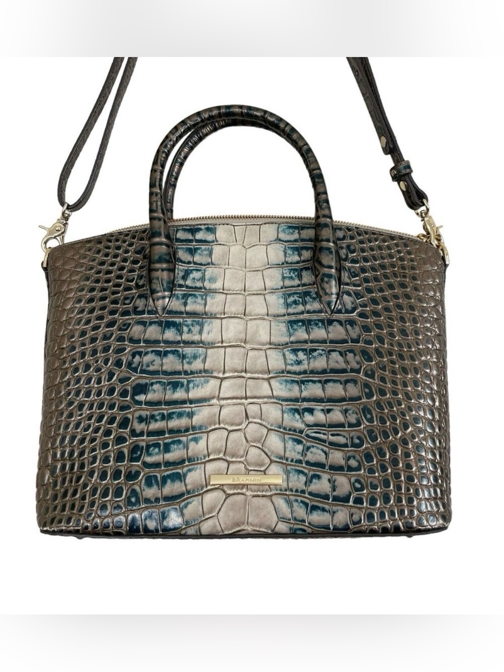 Brahmin Carolina Satchel Gray Teal Ombré Petrol Magnus Removable Crossbody Strap